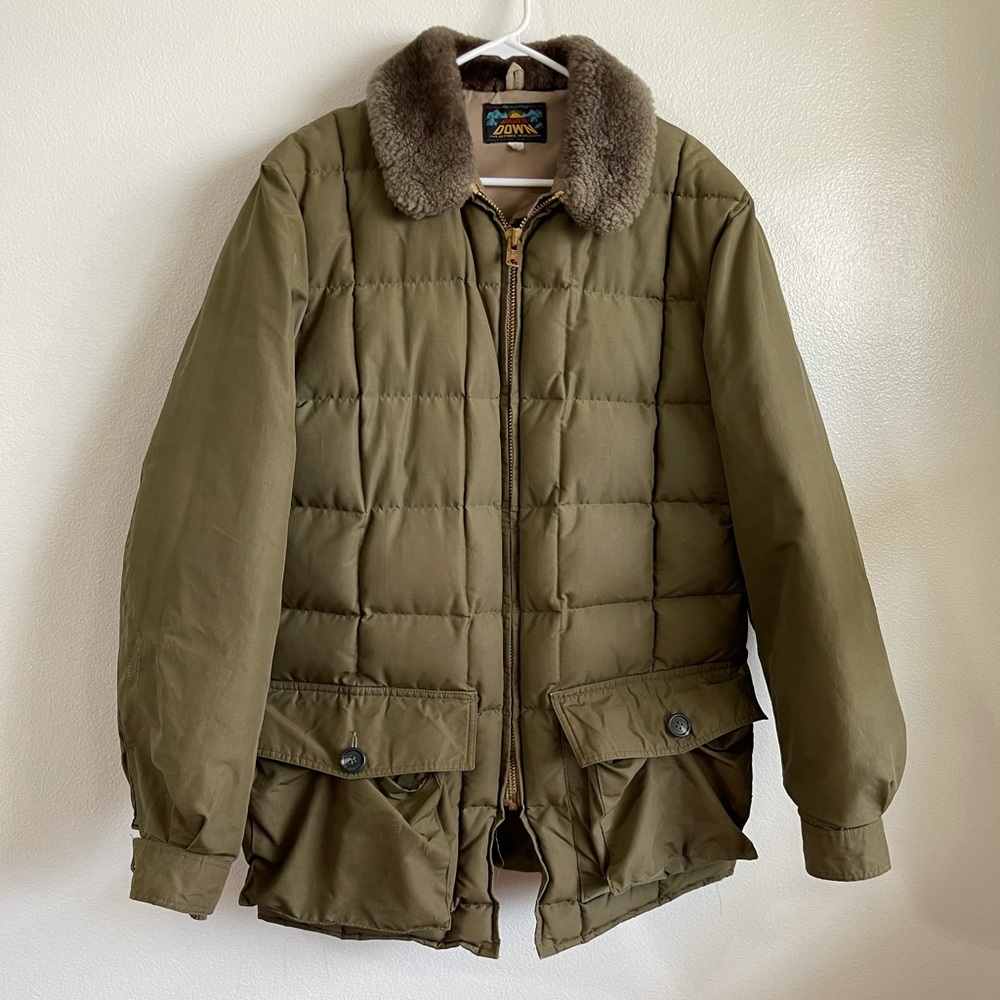 Vintage Eddie Bauer army green shearling collar down insulated parka puffer coat